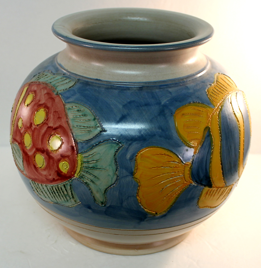 Italian Sgraffito Pottery Fish Bowl/Planter/Vase Colorful Italy 9" Dia